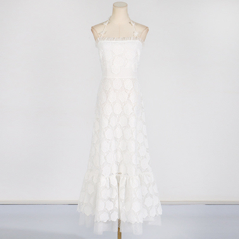 Flower lace midi dress White