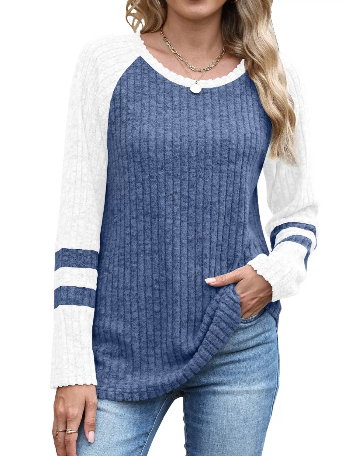 Ribbed Knit Raglan Long Sleeve T-Shirt