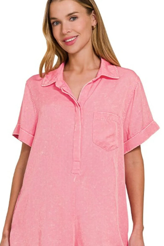 Signature Pink Mineral Wash Shirt Romper