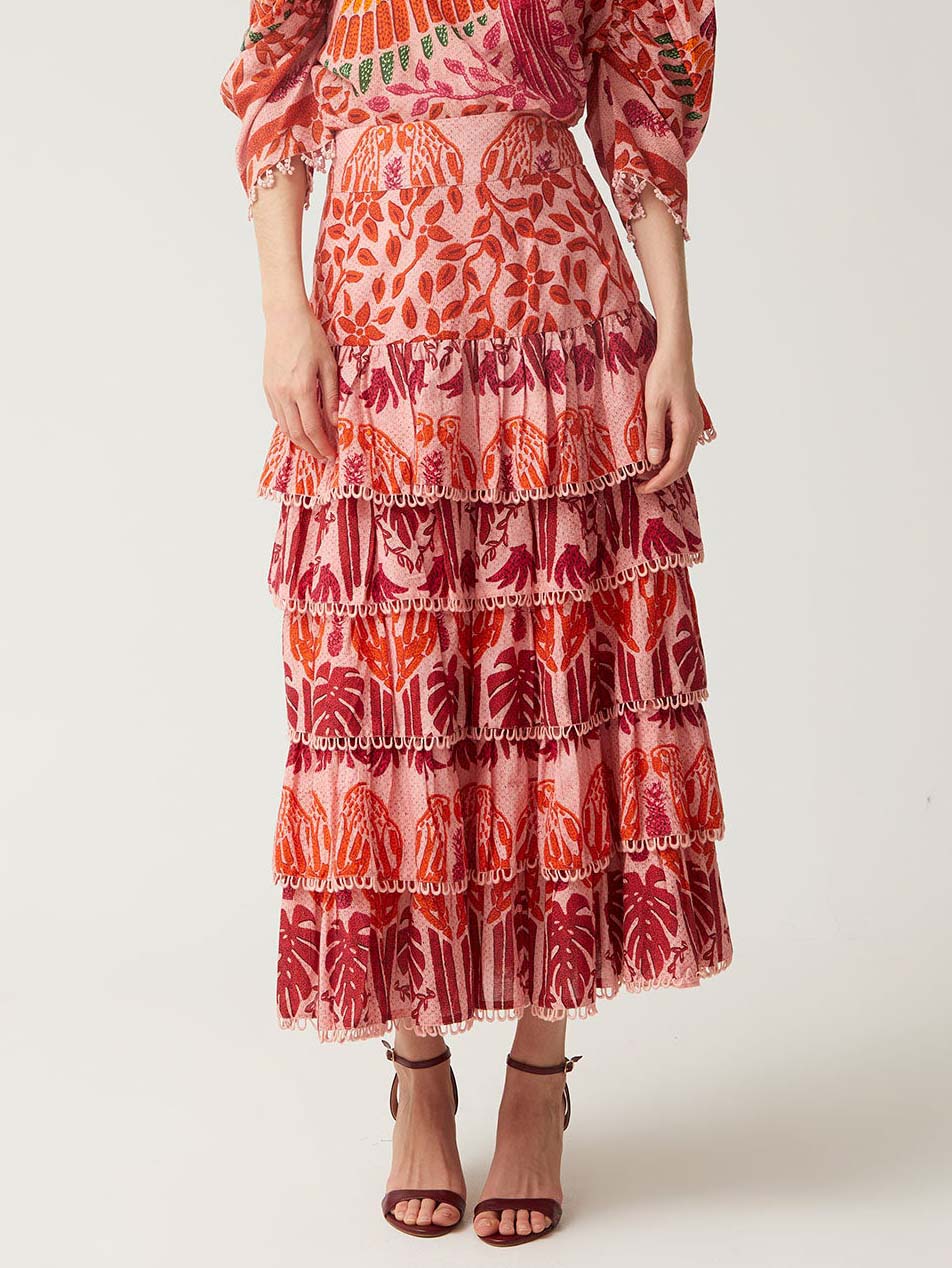 Vibrant Tropical Floral Print Layered Midi Skirt Red