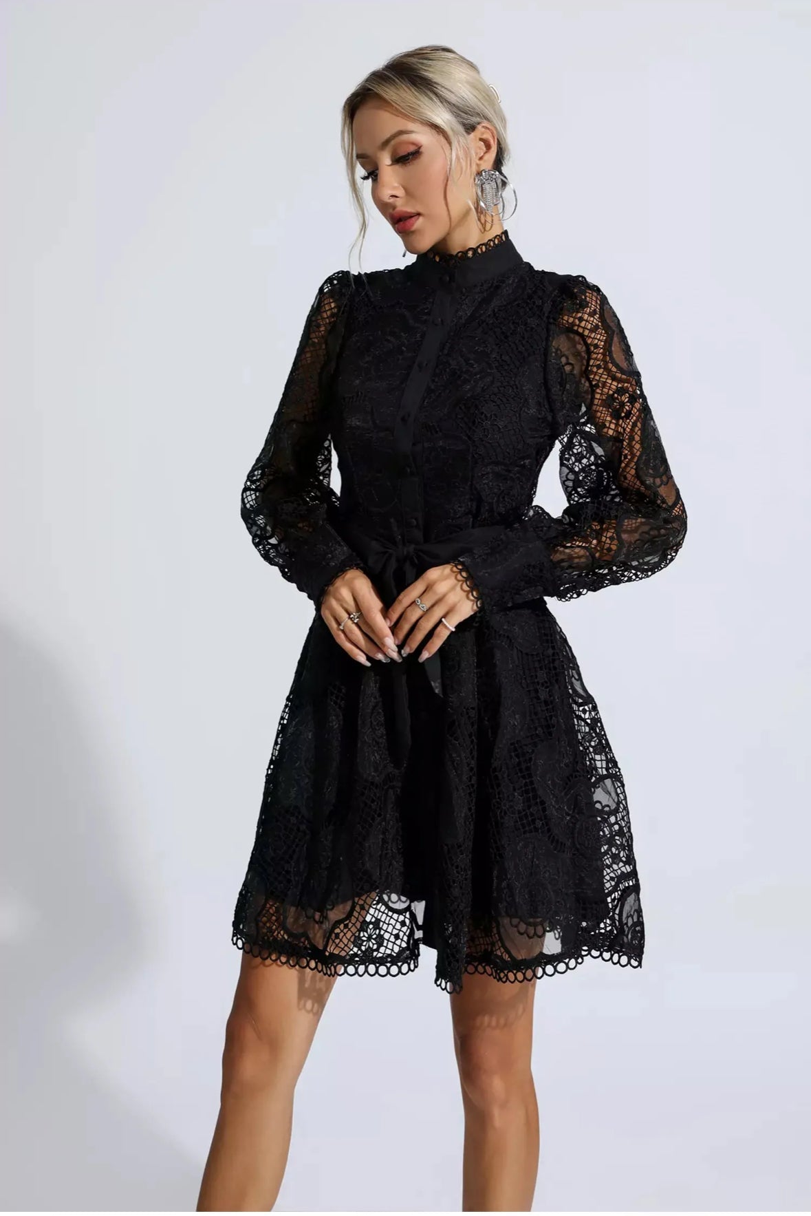 Floral lace tied black mini dress