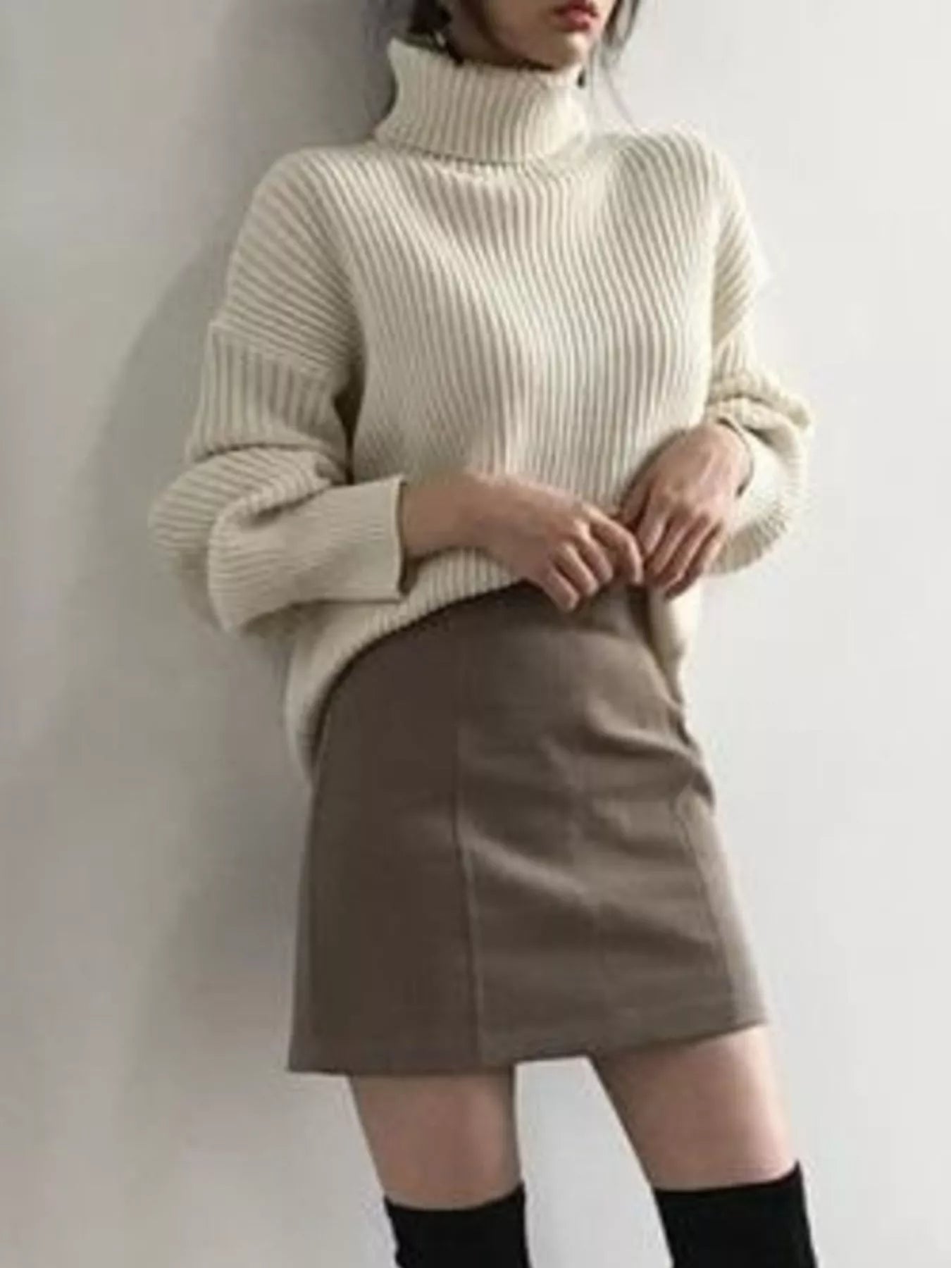 Full Size Oversized Turtleneck Ribbed Knit Sweater Plus Size