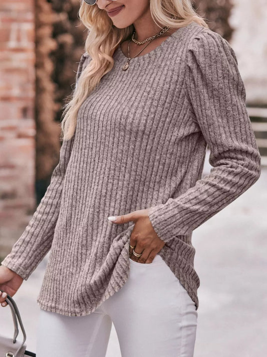 Ribbed Knit Puff Sleeve T-Shirt