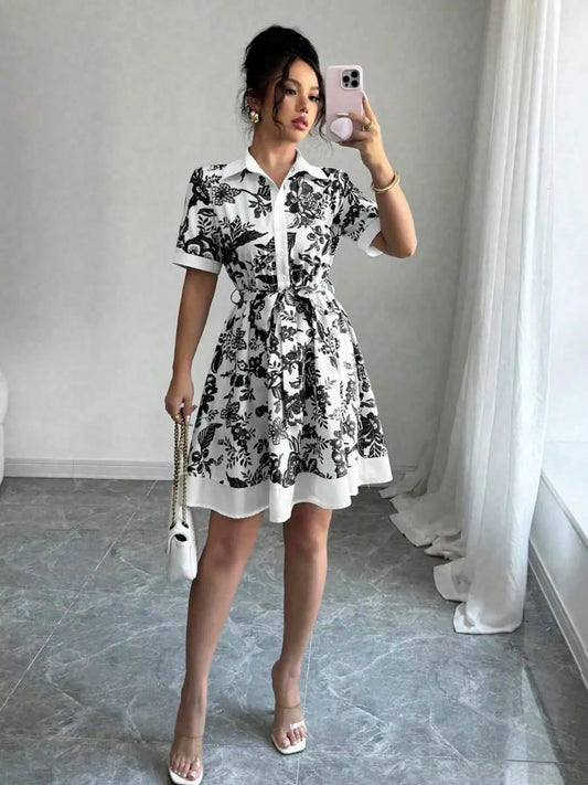 Floral Print Button-Front Shirt Dress – Casual Collared Mini Dress for Women