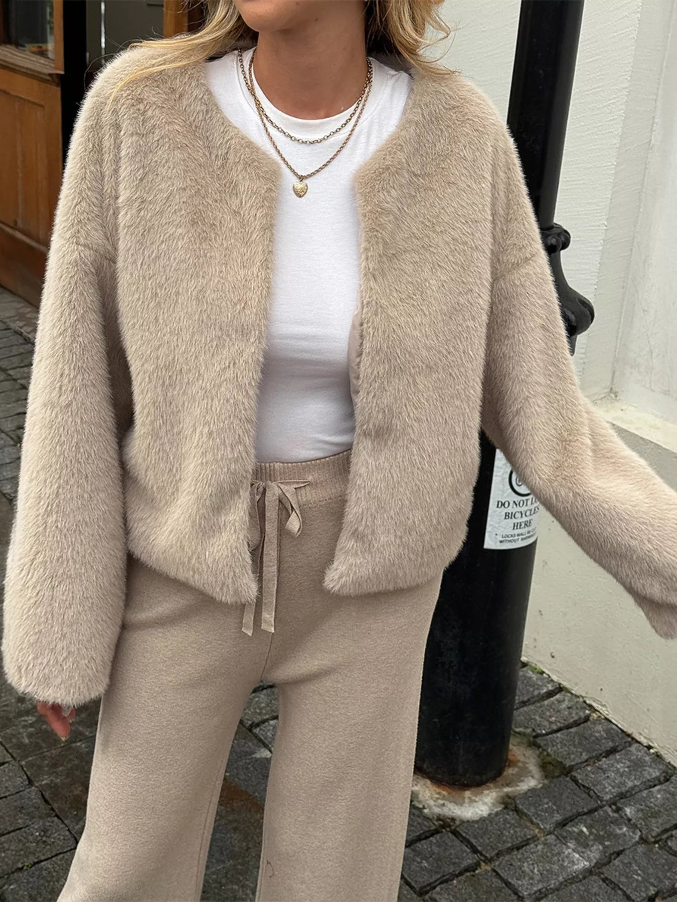 Open Front Dropped Shoulder Fuzzy Outerwear