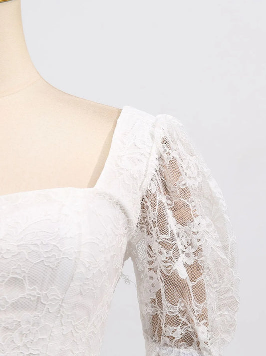 White Square Neck Lace Long Sleeve Dress – Elegant Vintage-Inspired Formal Dress for Women