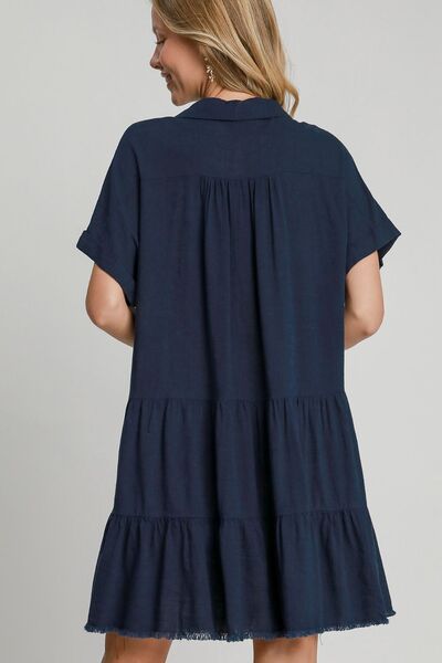Raw Edge Folded Sleeve Tiered Dress