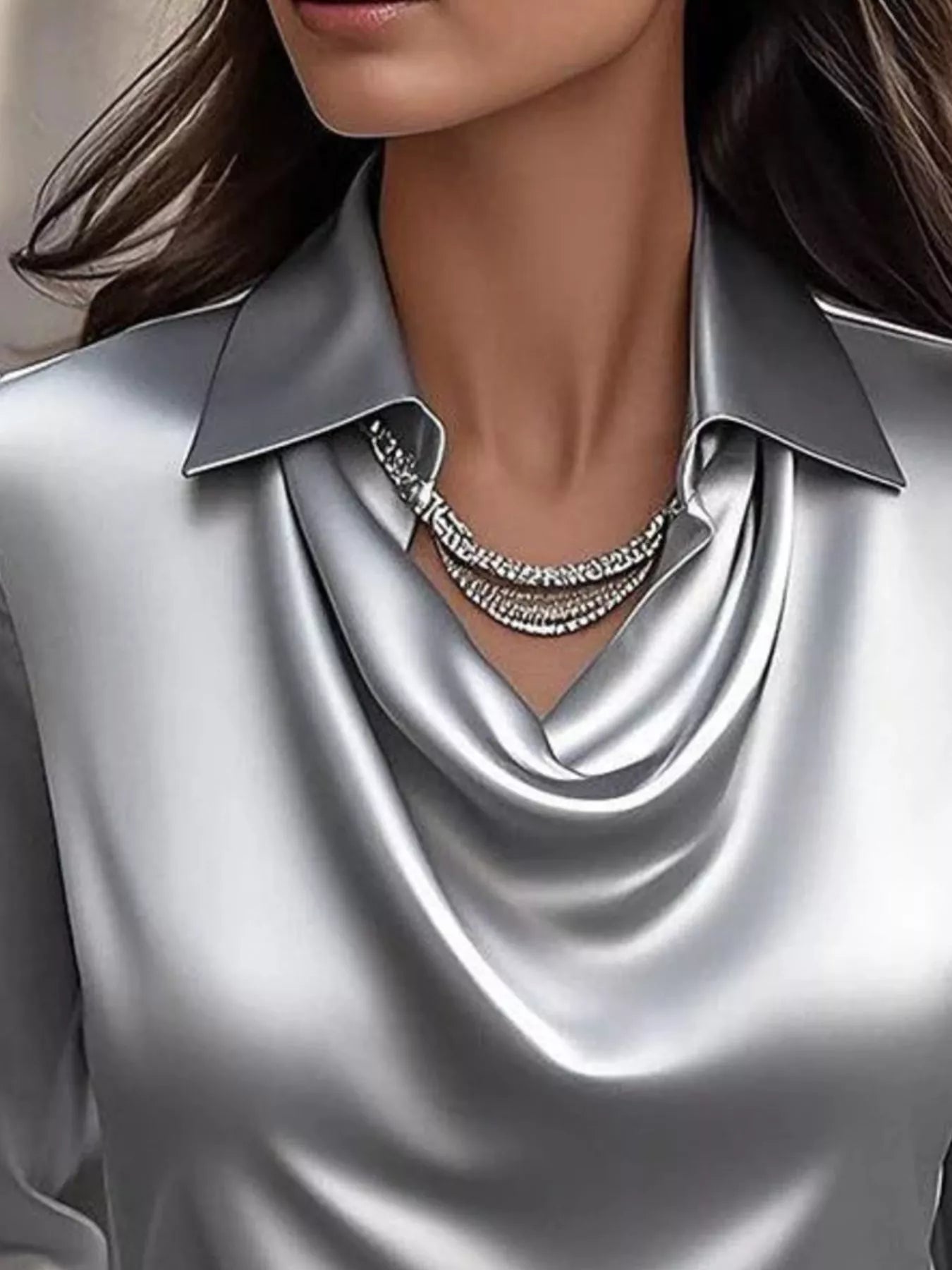 Shiny Satin Cowl Neck Long Sleeve Blouse - Inclusive Sizing