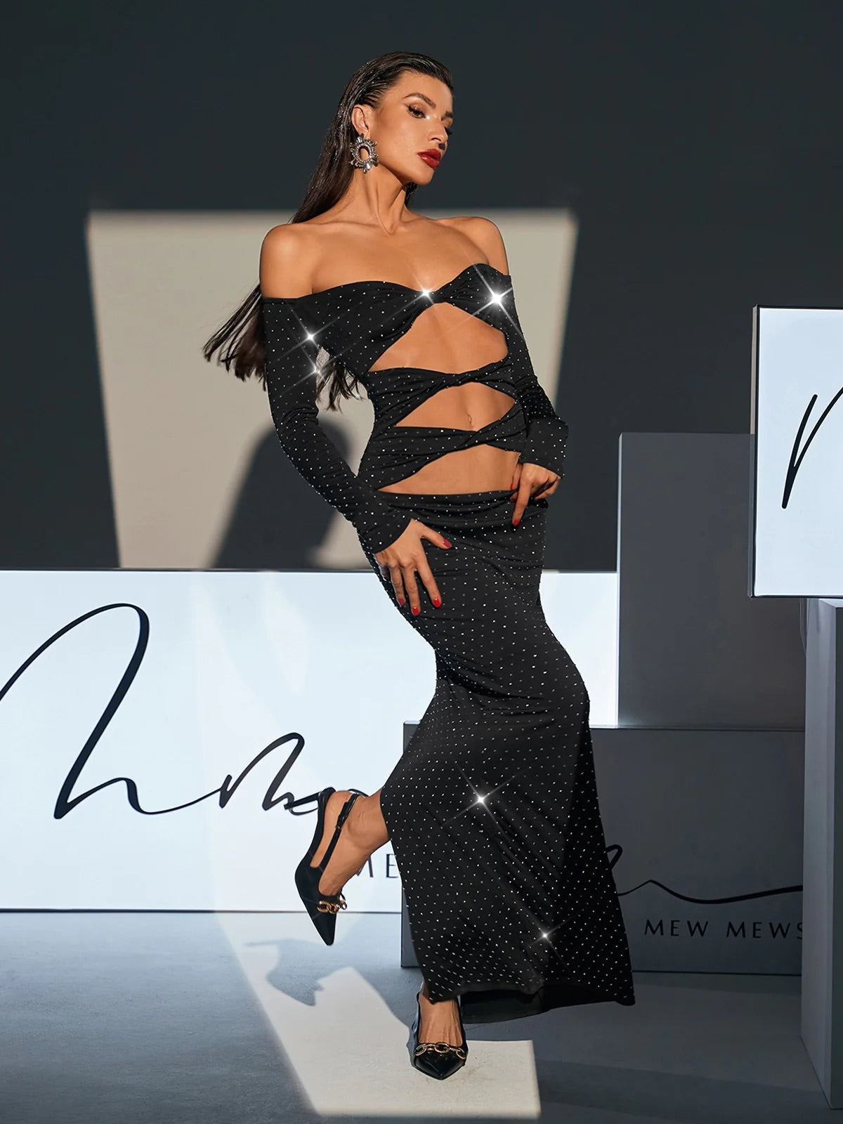 Cutout rhinestone maxi dress