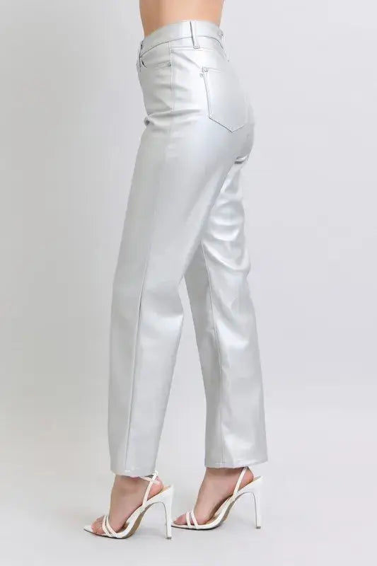 Silver Moon Full Size High Waist Silver Faux Leather Pants Plus Size