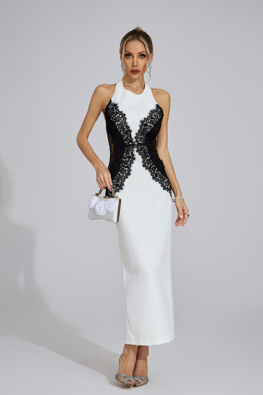 Bianca Lace-Panel Halter Midi Gown