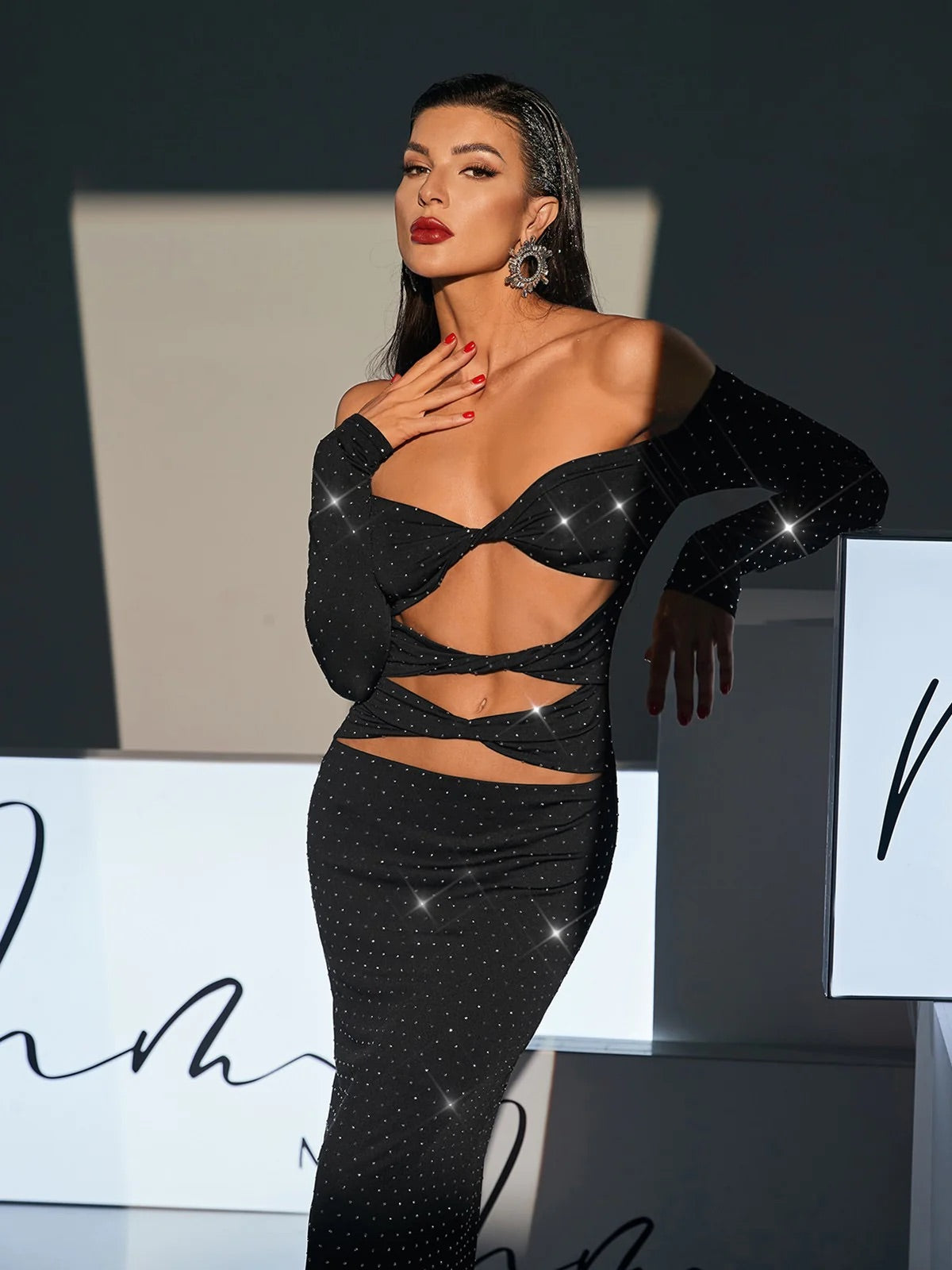 Cutout rhinestone maxi dress