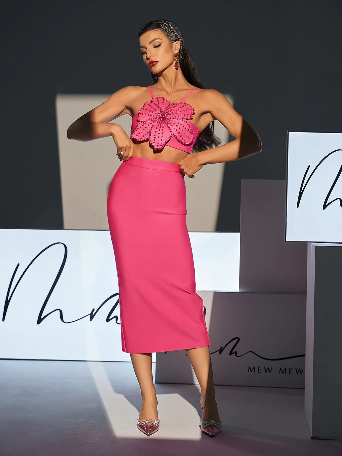 Flower top bandage skirt set