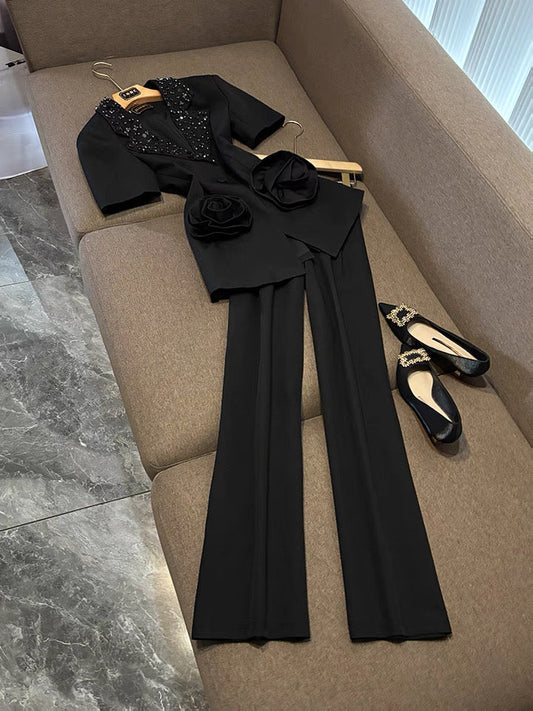 Camélia Flower Blazer Black Suit Set