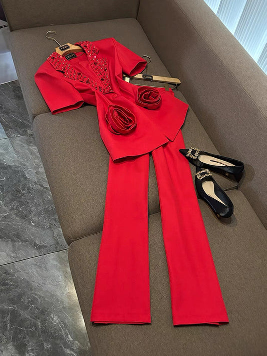 Camélia Flower Blazer Red Suit Set