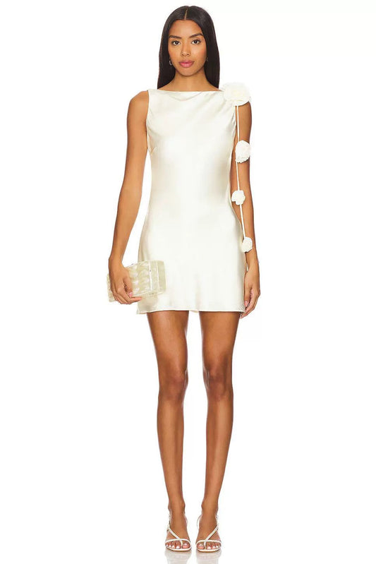 Ivory Bloom Satin flower Mini Dress