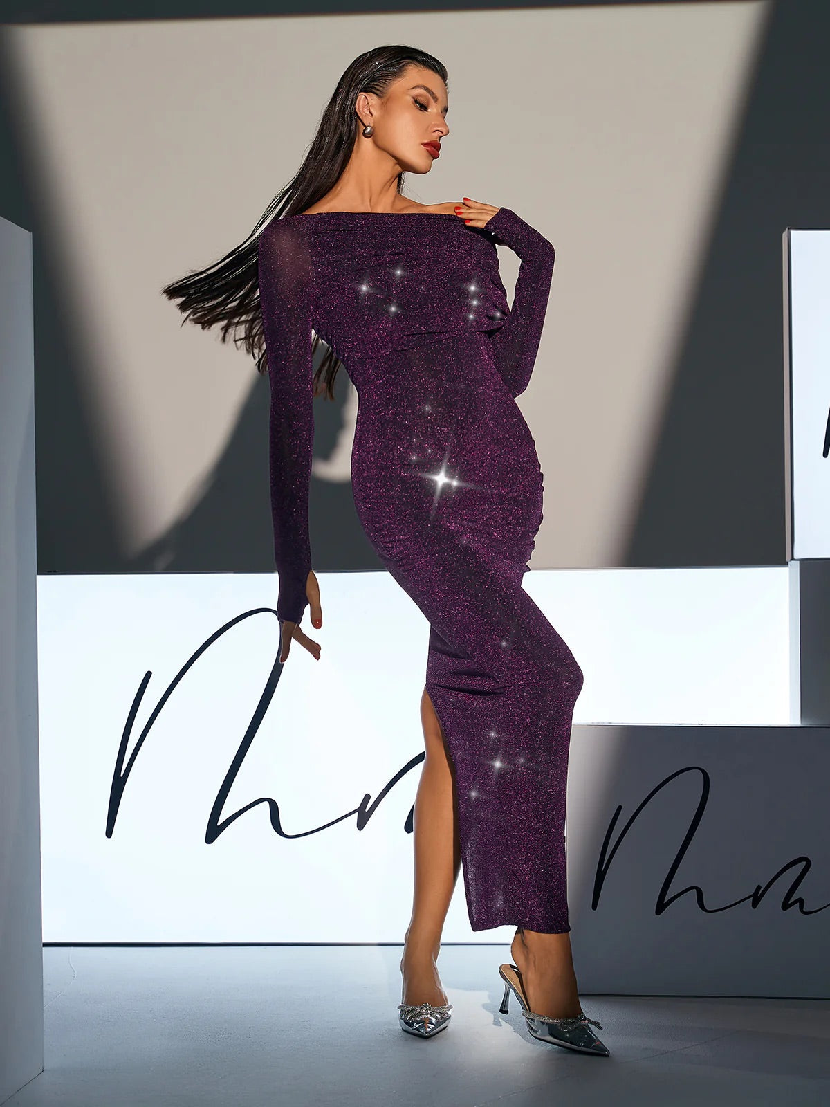 Purple long sleeves maxi dress