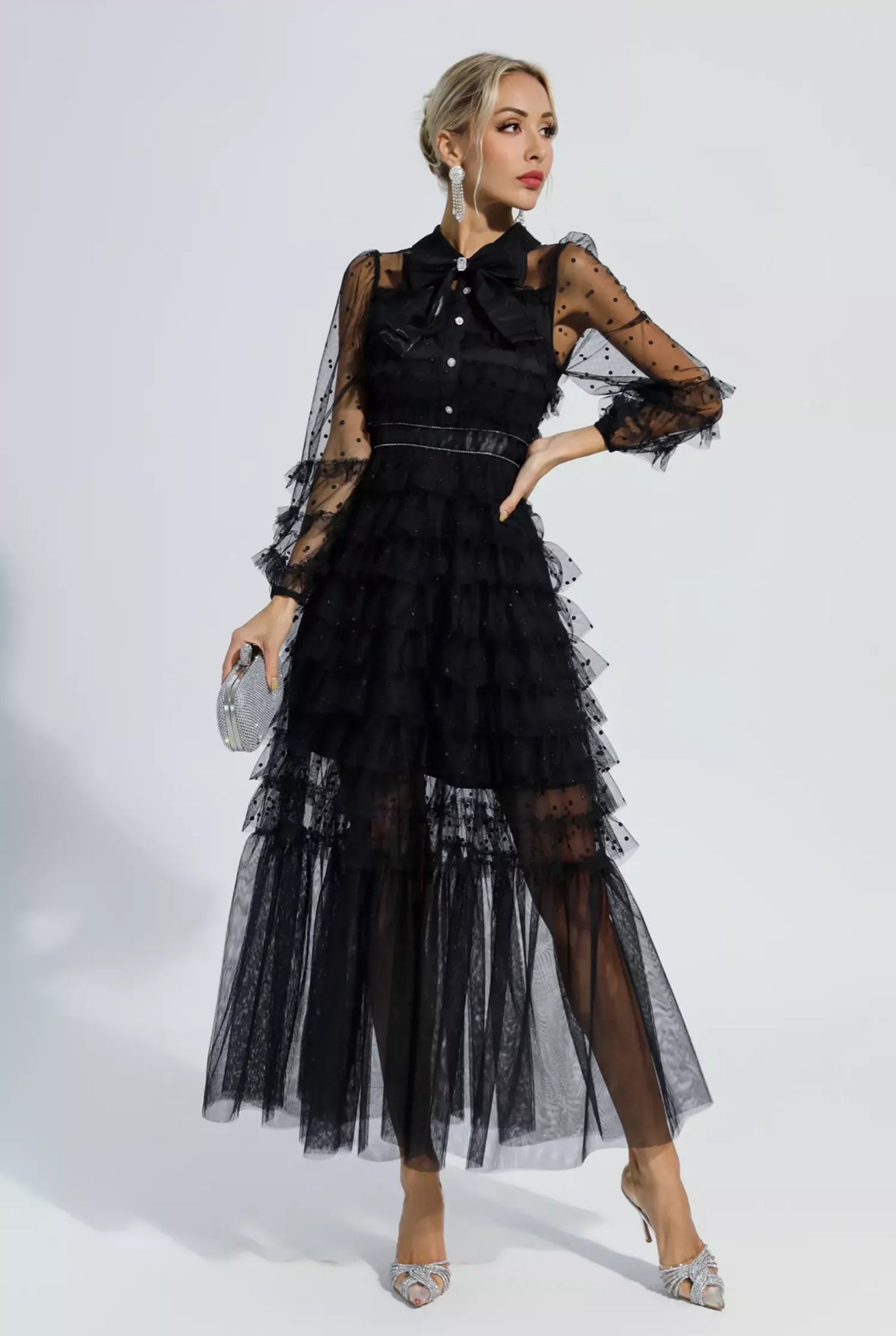 Black polka dot mesh maxi dress