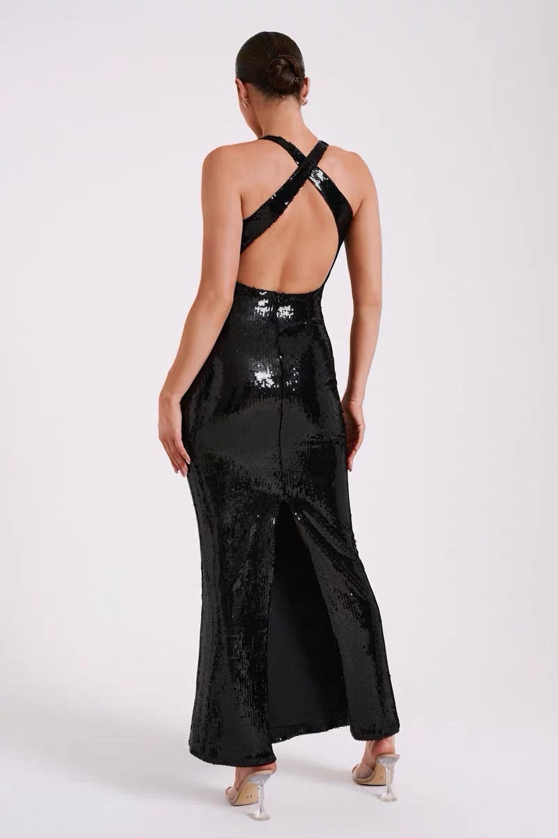 Flower sequin maxi backless dress