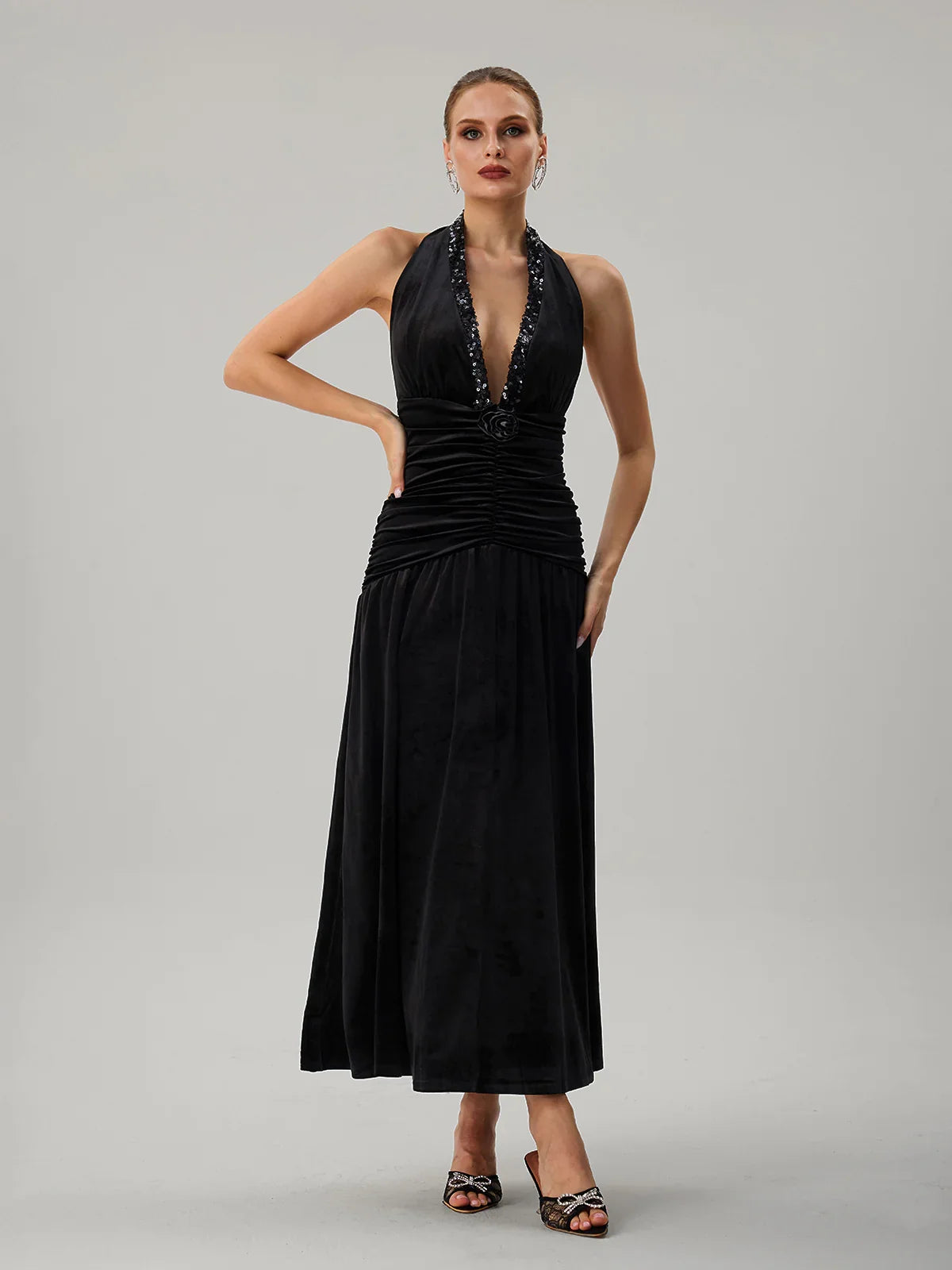 Black Halter Ruched Maxi Dress