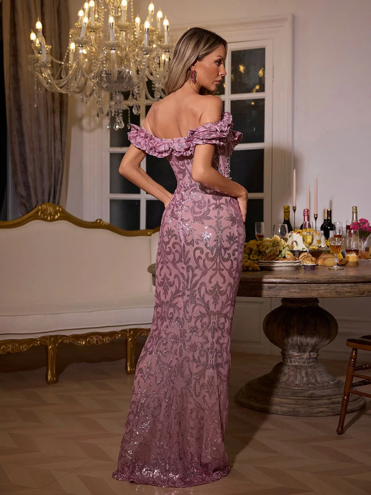 Off shoulder sequin ruffle maxi dress