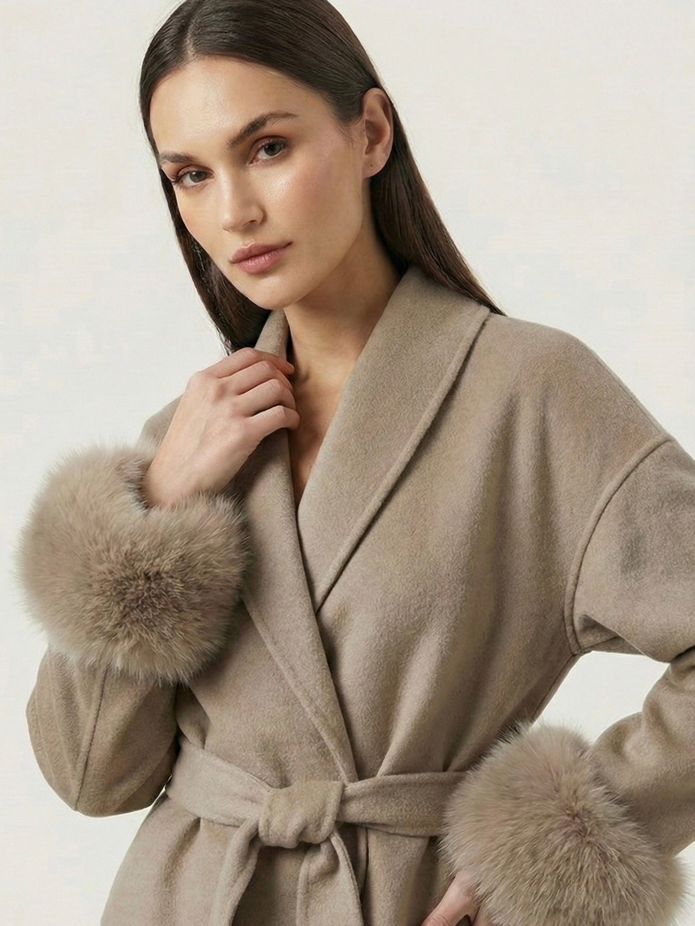 Celine | Belted Coat with Faux Fur Cuffs