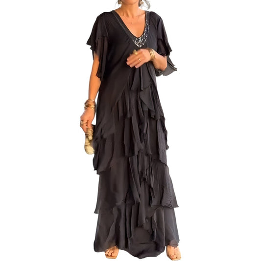 Sheila- Elegant pleated dress with V-neck