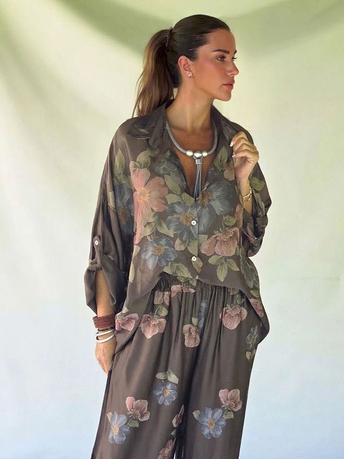 Retro Floral Print Collared Shirt & Elastic Waist Wide-Leg Pants Two-Piece Set Brown Top