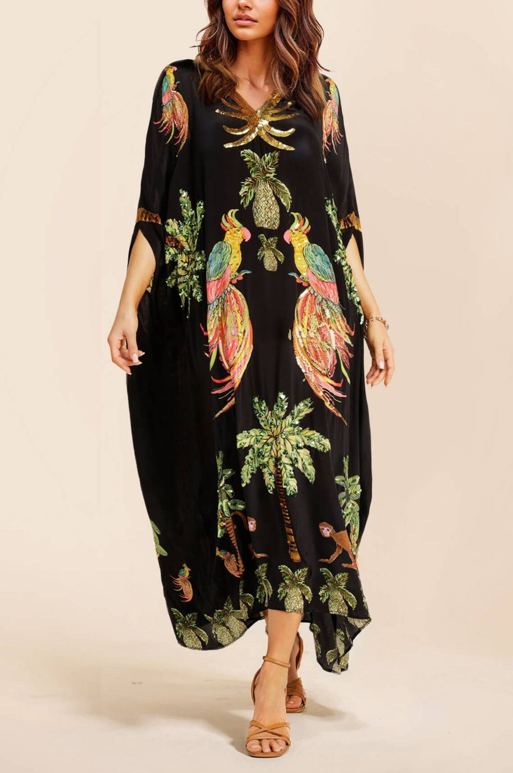 Robe unique à manches tombantes et imprimé cocotier