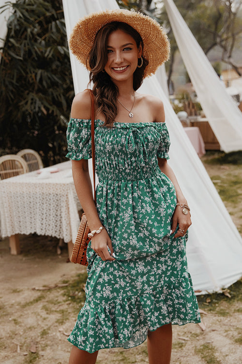 Days Like This Printed Off Shoulder Midi Dress - 3 Colors Green