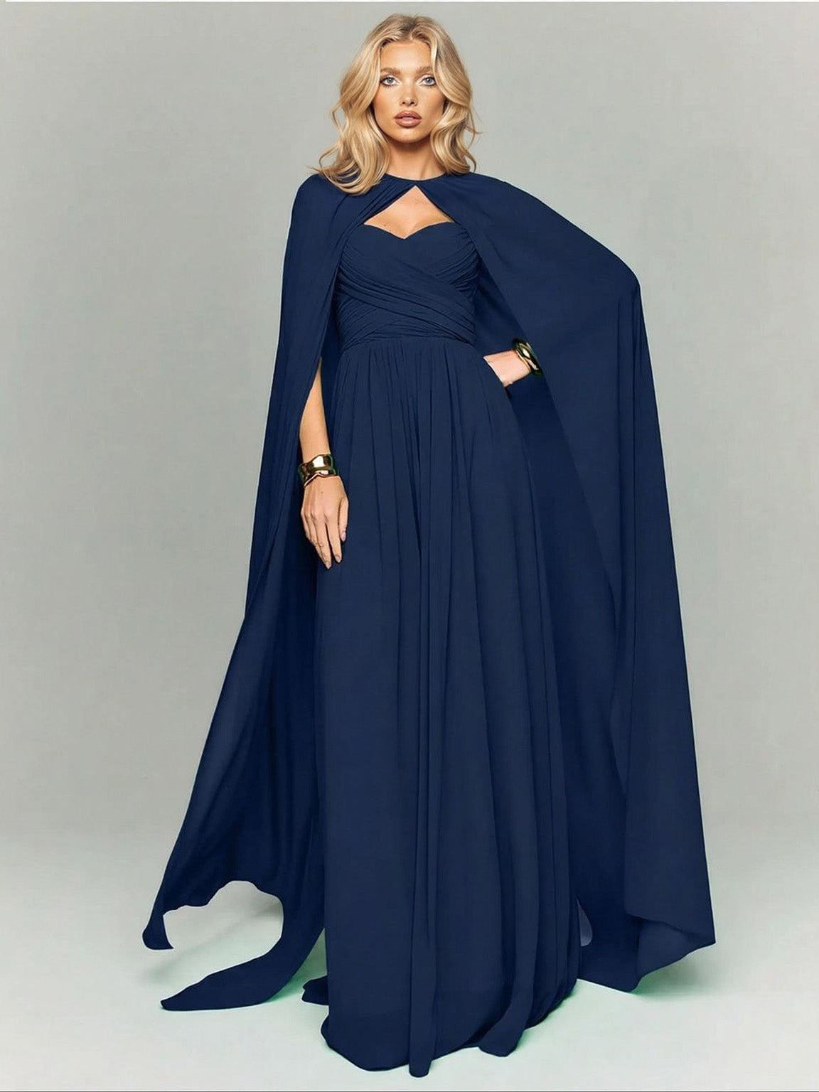 Elegant Strapless Ruched Maxi Dress With Flowing Cape Blue