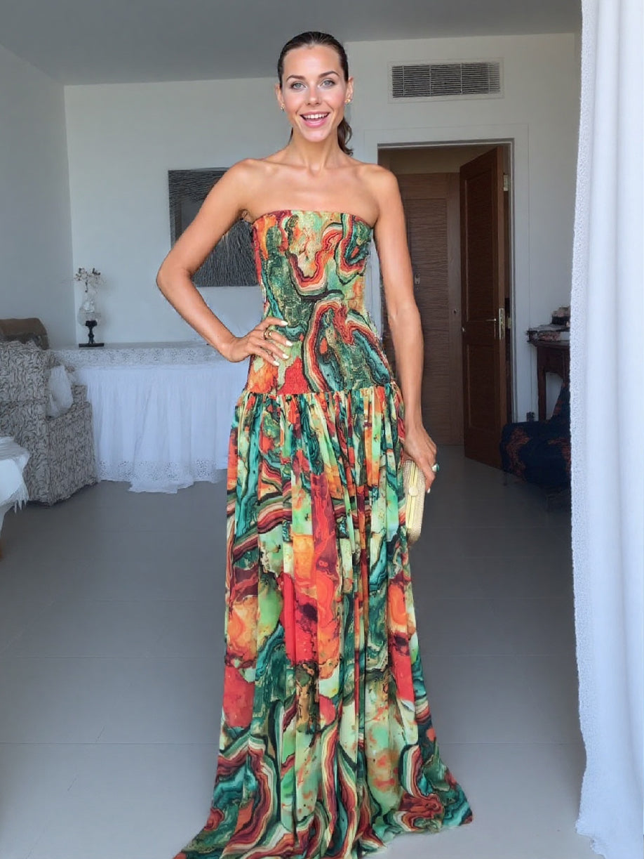 Elegant Wrap Neckline Abstract Print Maxi Dress Multi