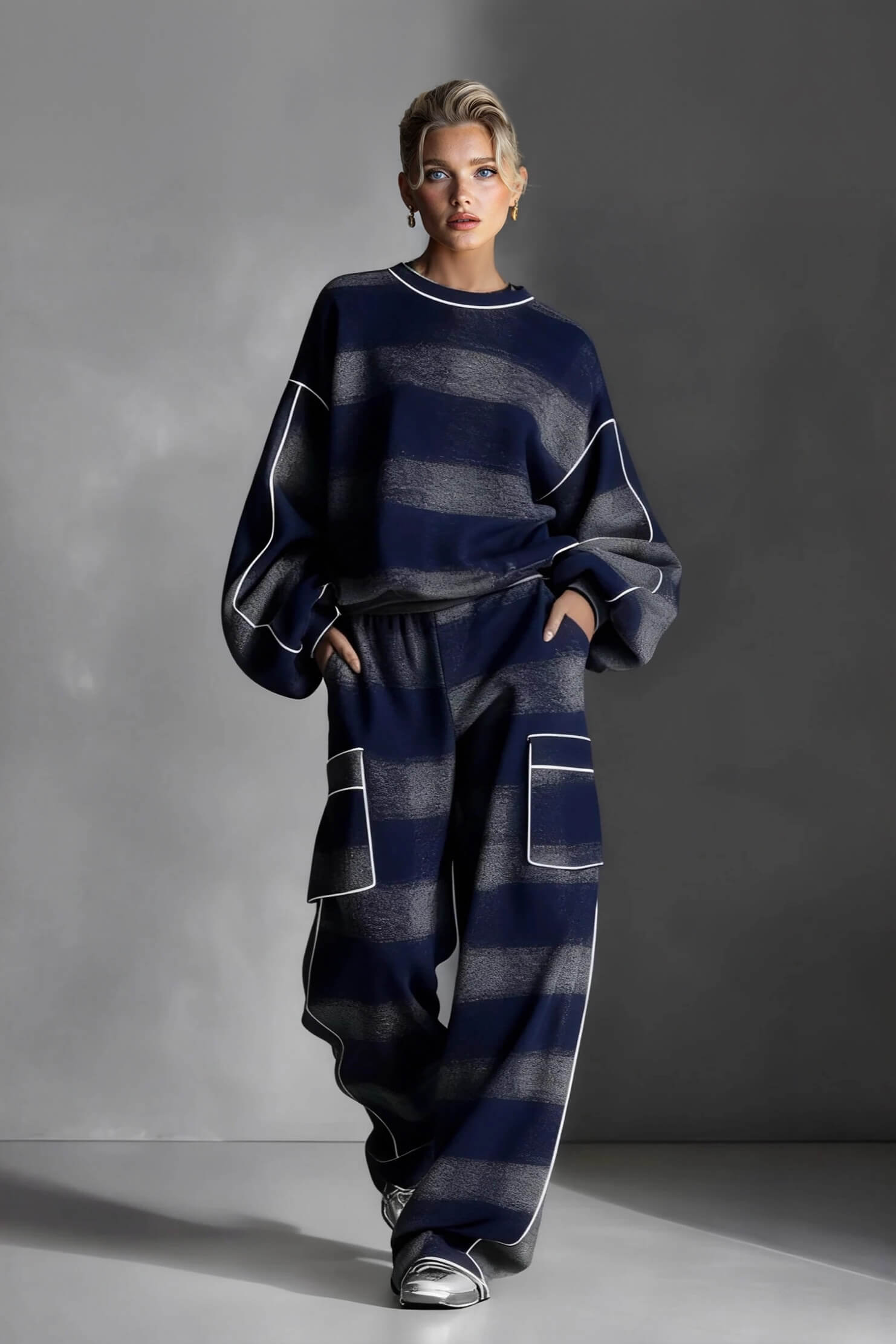 Fashion Street-Style Blue And Gray Plaid Color-Block Loose Top