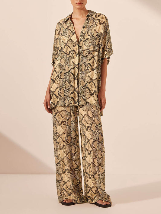 Modern Feel Satin Unique Snake Print Elastic Waist Drawstring Pocket Wide Leg Pants