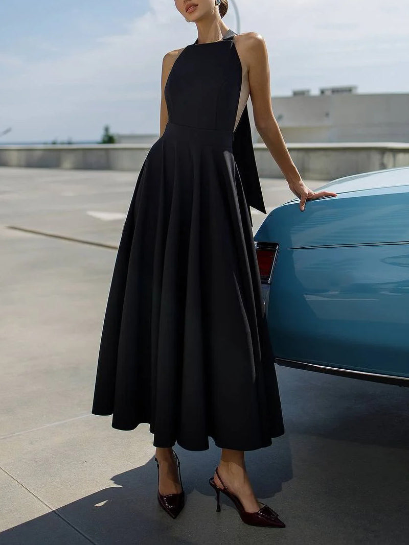 Elegant Halter Neck A-Line Midi Dress Black