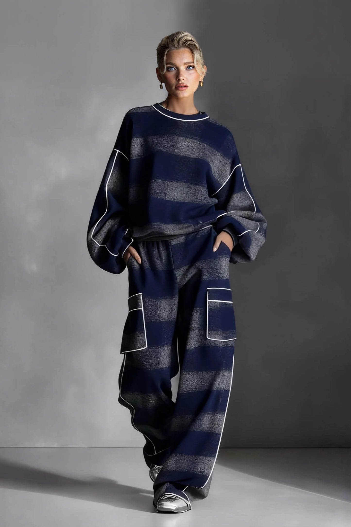 Fashion Street-Style Blue And Gray Plaid Color-Block Wide-Leg Pants