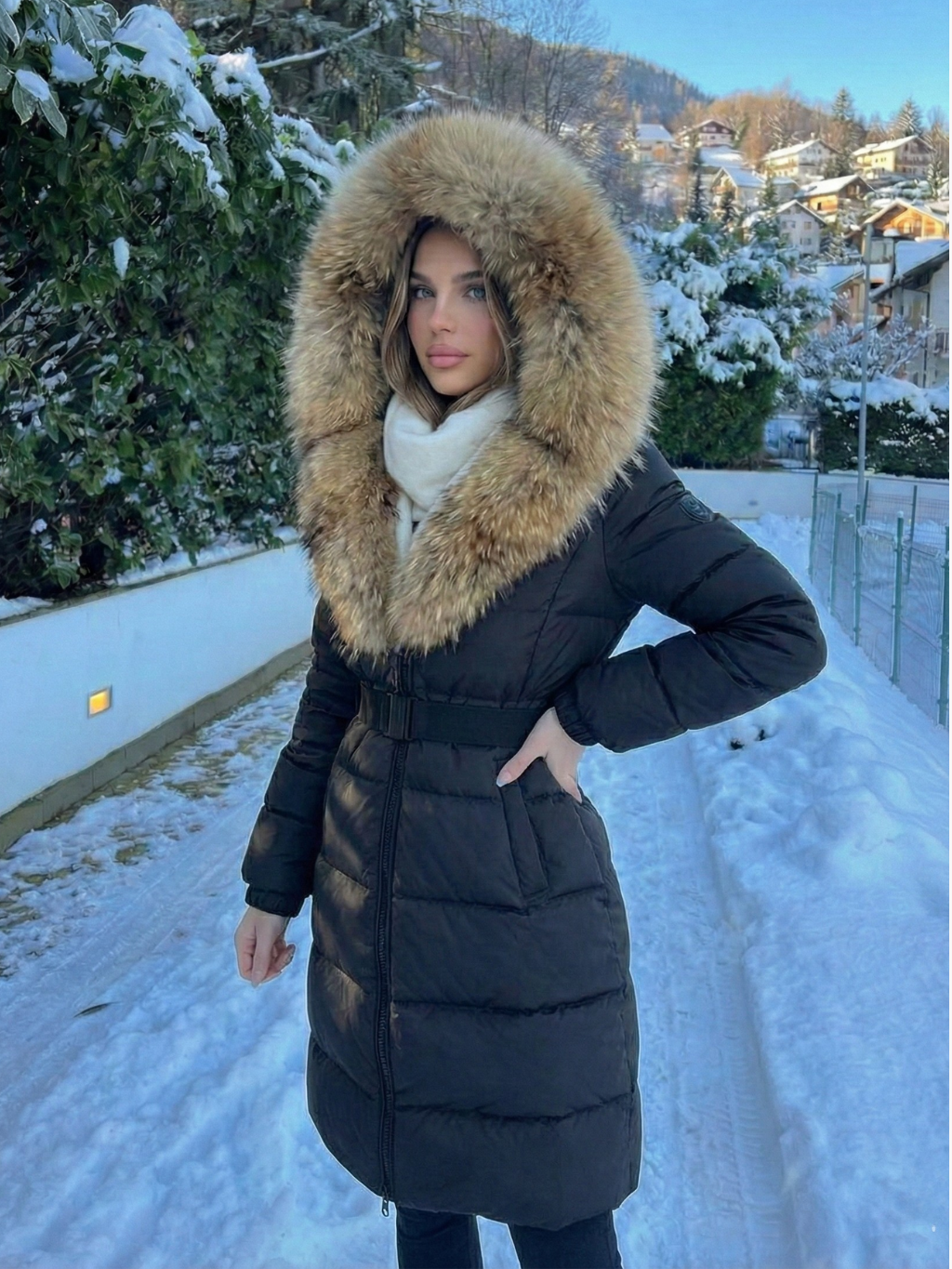 Jane | Belted Long Puffer Coat with Faux Fur Hood