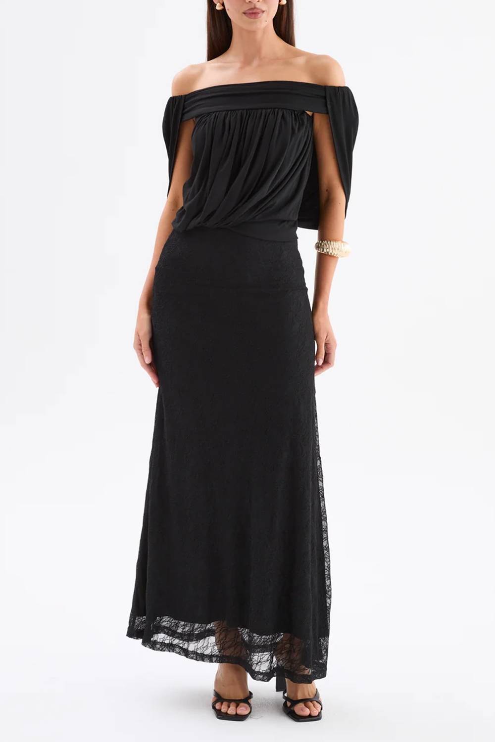 Off‑Shoulder Cape‑Sleeve Draped Mixed Lace Slit Maxi Evening Dress