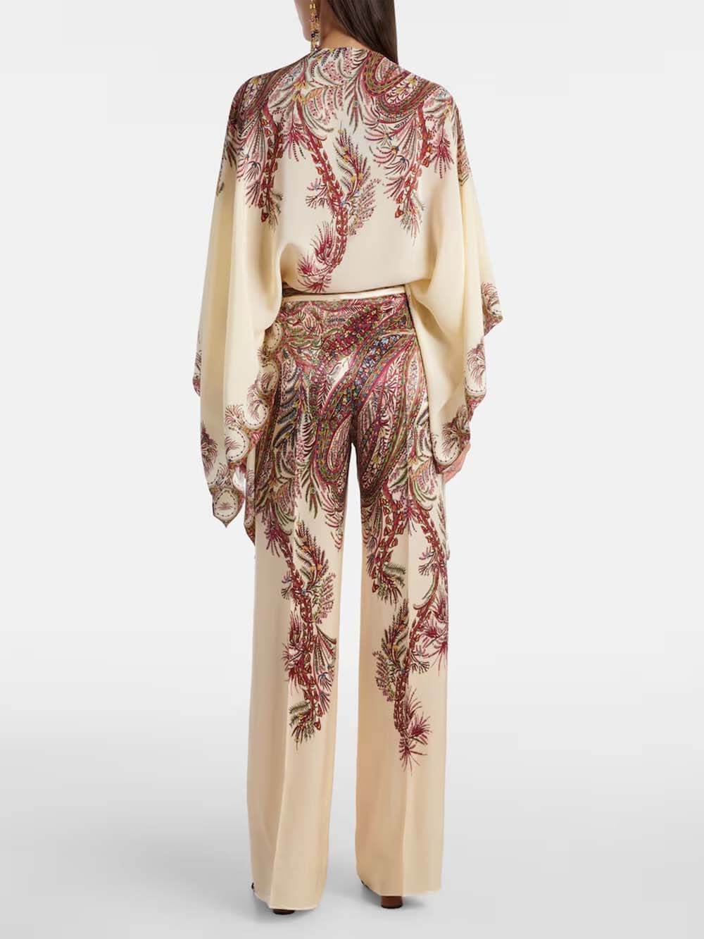 Exquisite Printed Satin Elastic Waist Loose Wide-Leg Pants