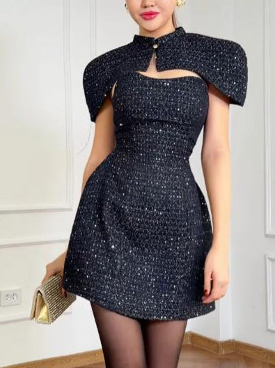 Elegant Tweed Shawl Mini Dress Blue