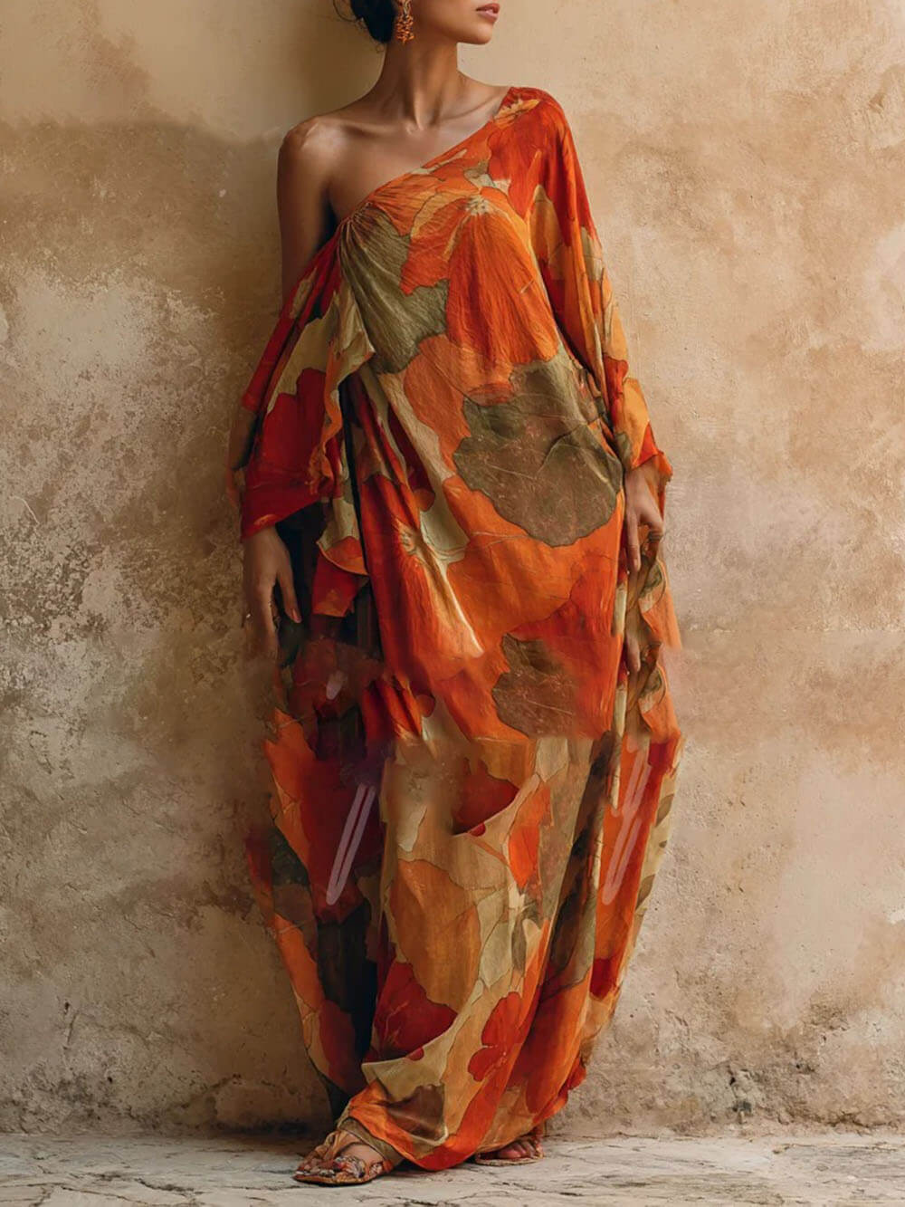 Boho Printed One-Shoulder Kimono-Style Maxi Dress Multicolor