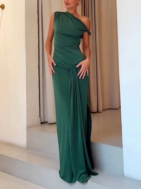 Elegant Asymmetric Neckline Satin Knit Pleated Maxi Dress Green