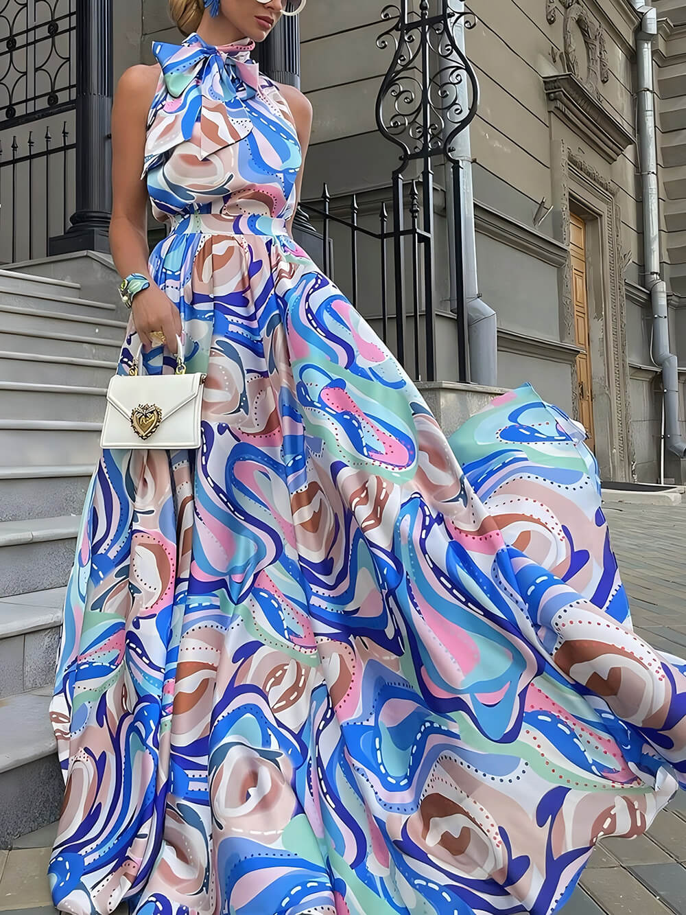 Elegant French High Waist Chiffon Printed Maxi Dress Blue