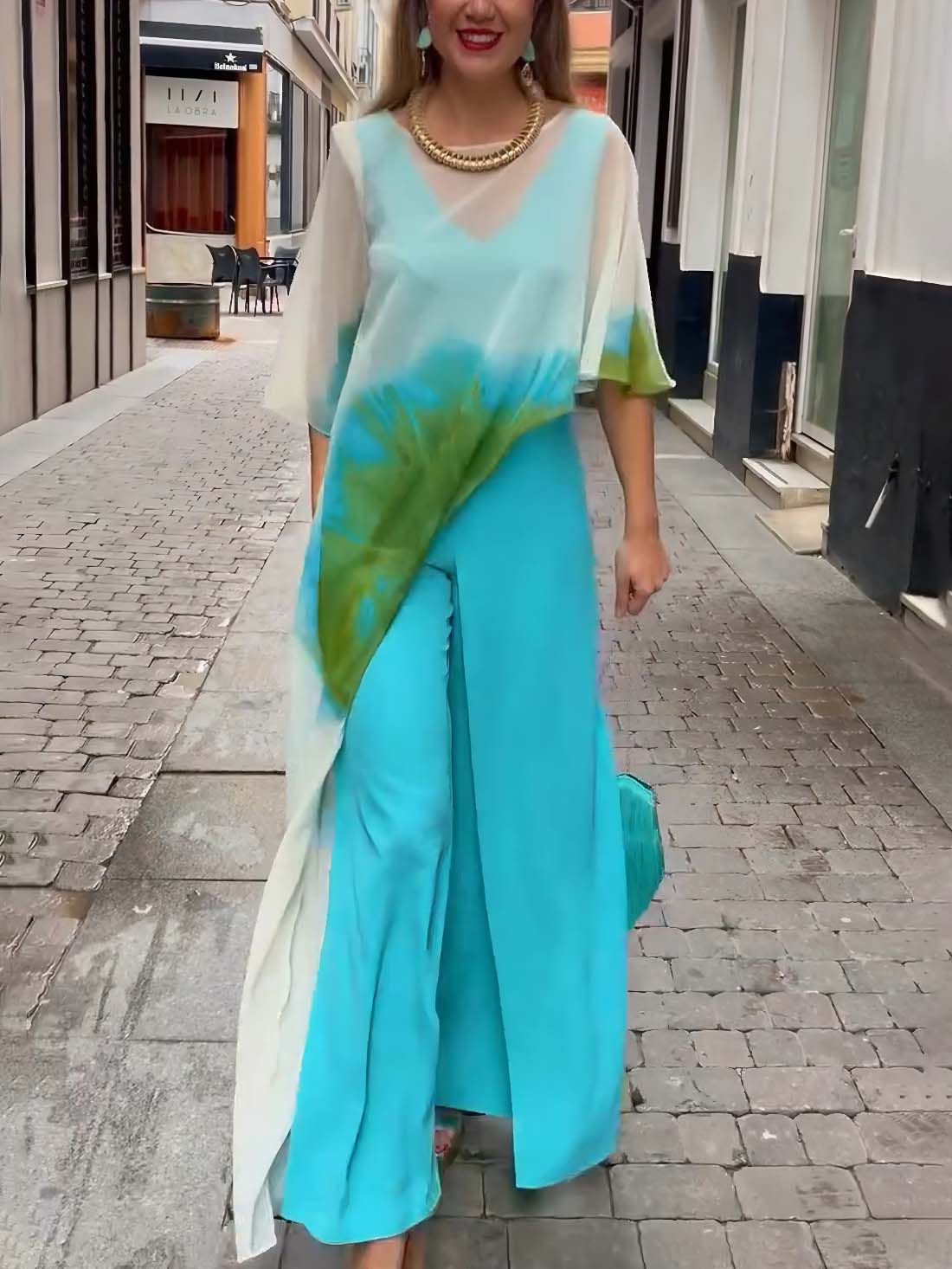 Abstract Watercolor Blue Print Asymmetrical Two-piece Set Blue Set