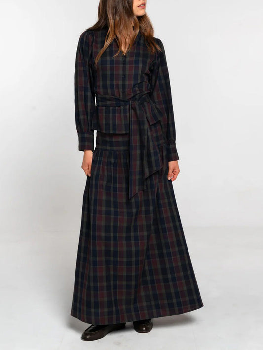 Retro Plaid Print Tie-belt Shirt