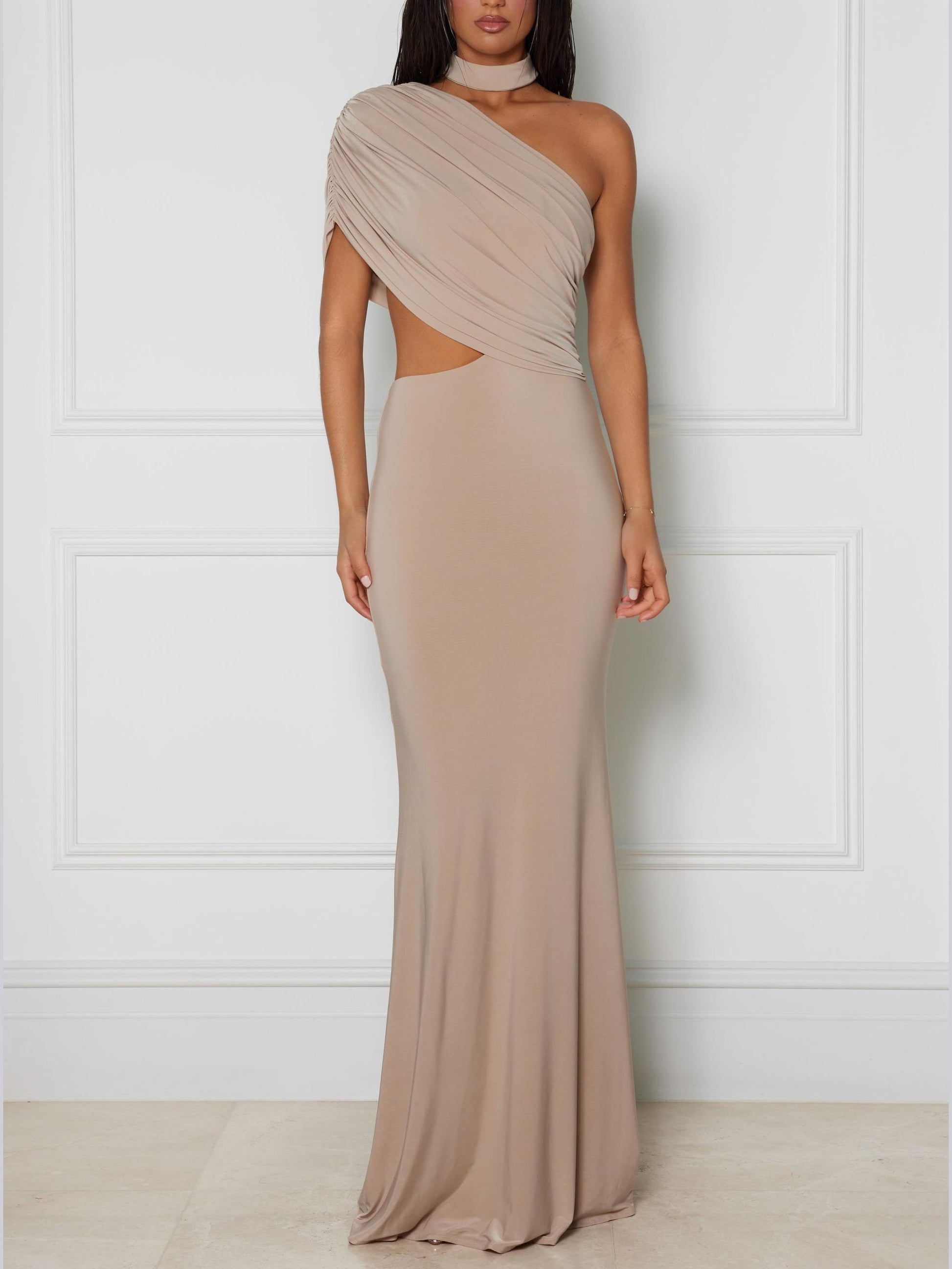 Elegant One-Shoulder Cutout Draped Maxi Dress Light Brown