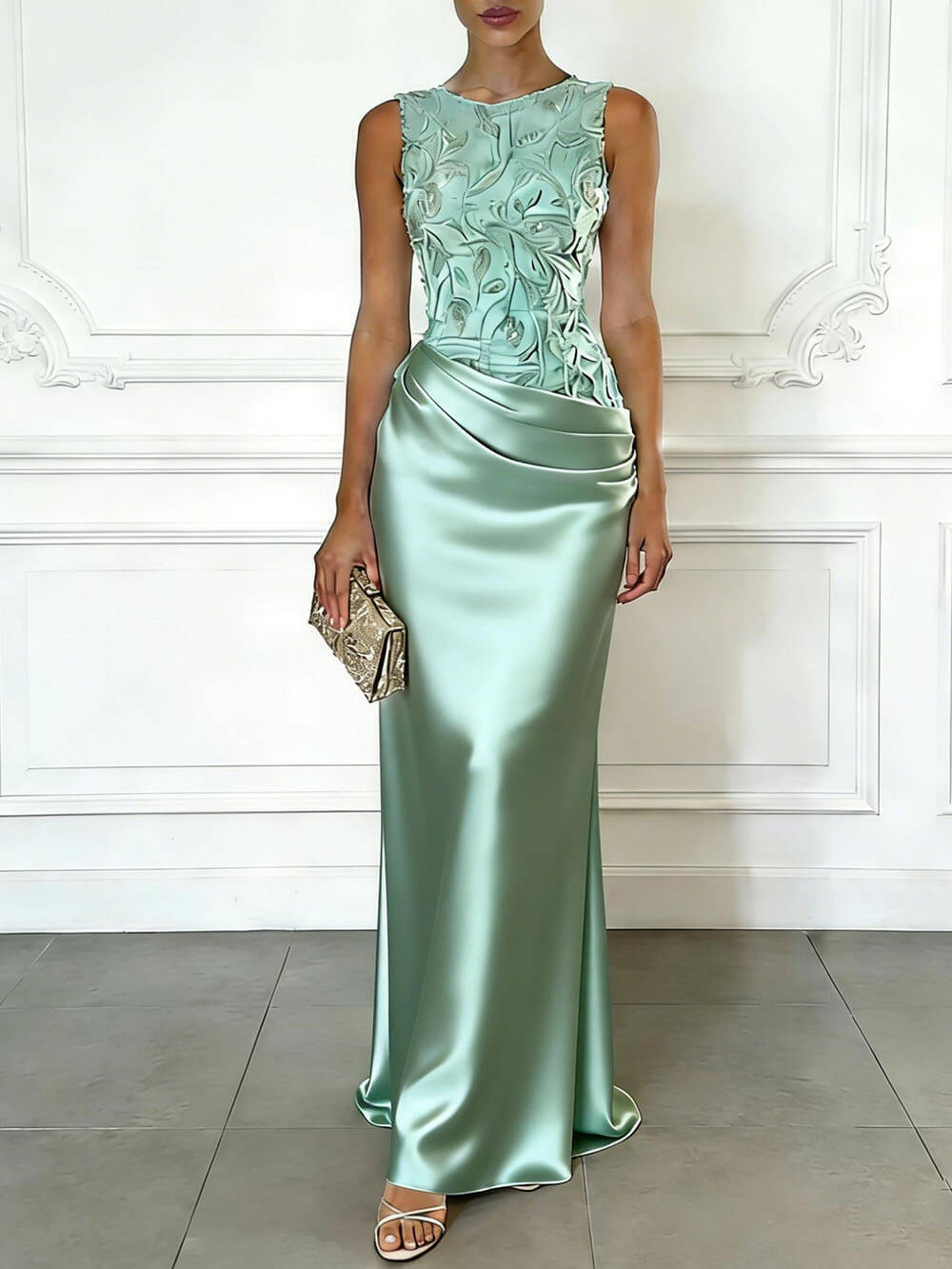 Elegant Green Embroidery Satin Crew Neck Sleeveless Sheath Maxi Dress Green