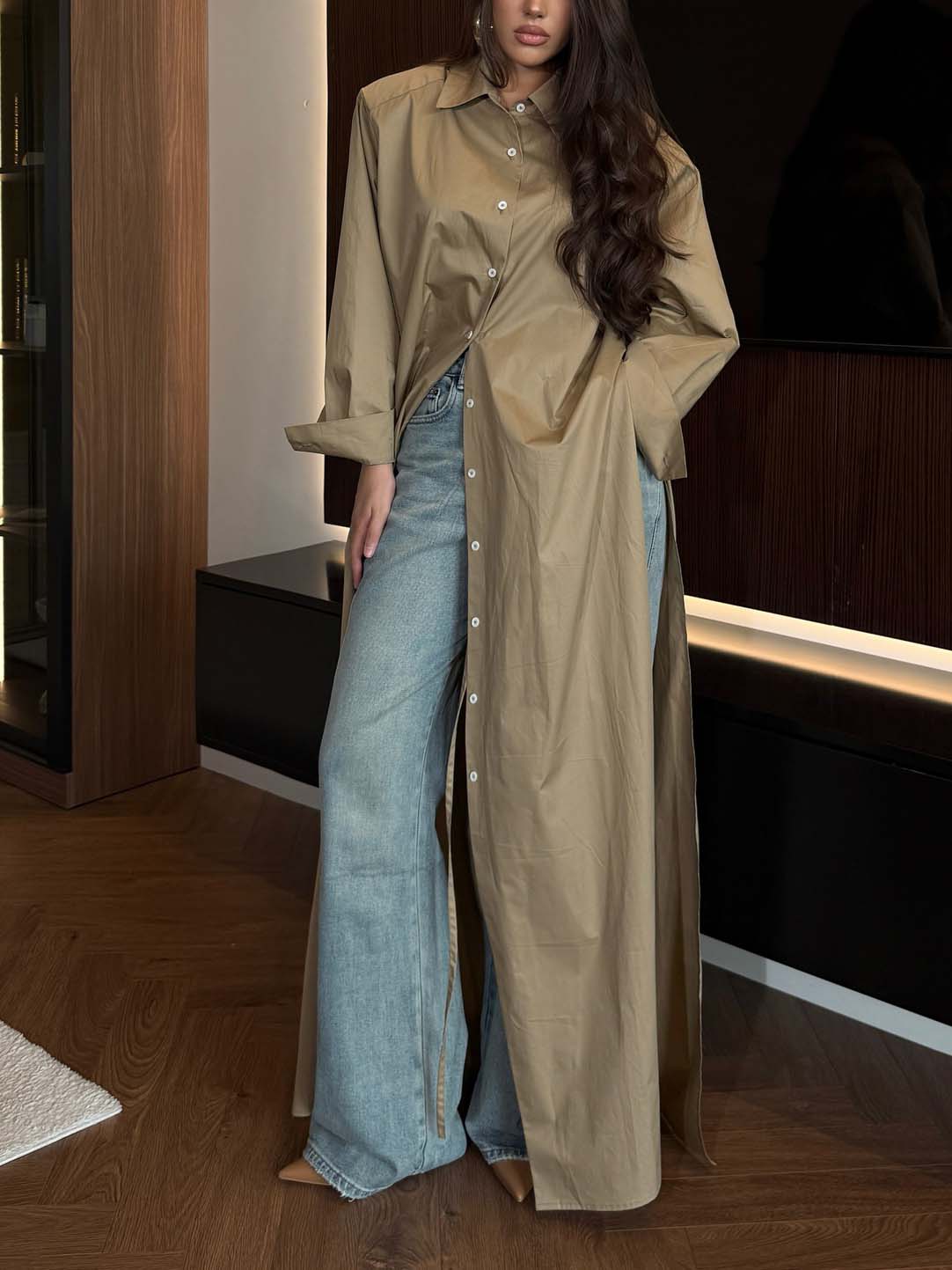 Casual Slit Cotton Shirt Maxi Dress Khaki