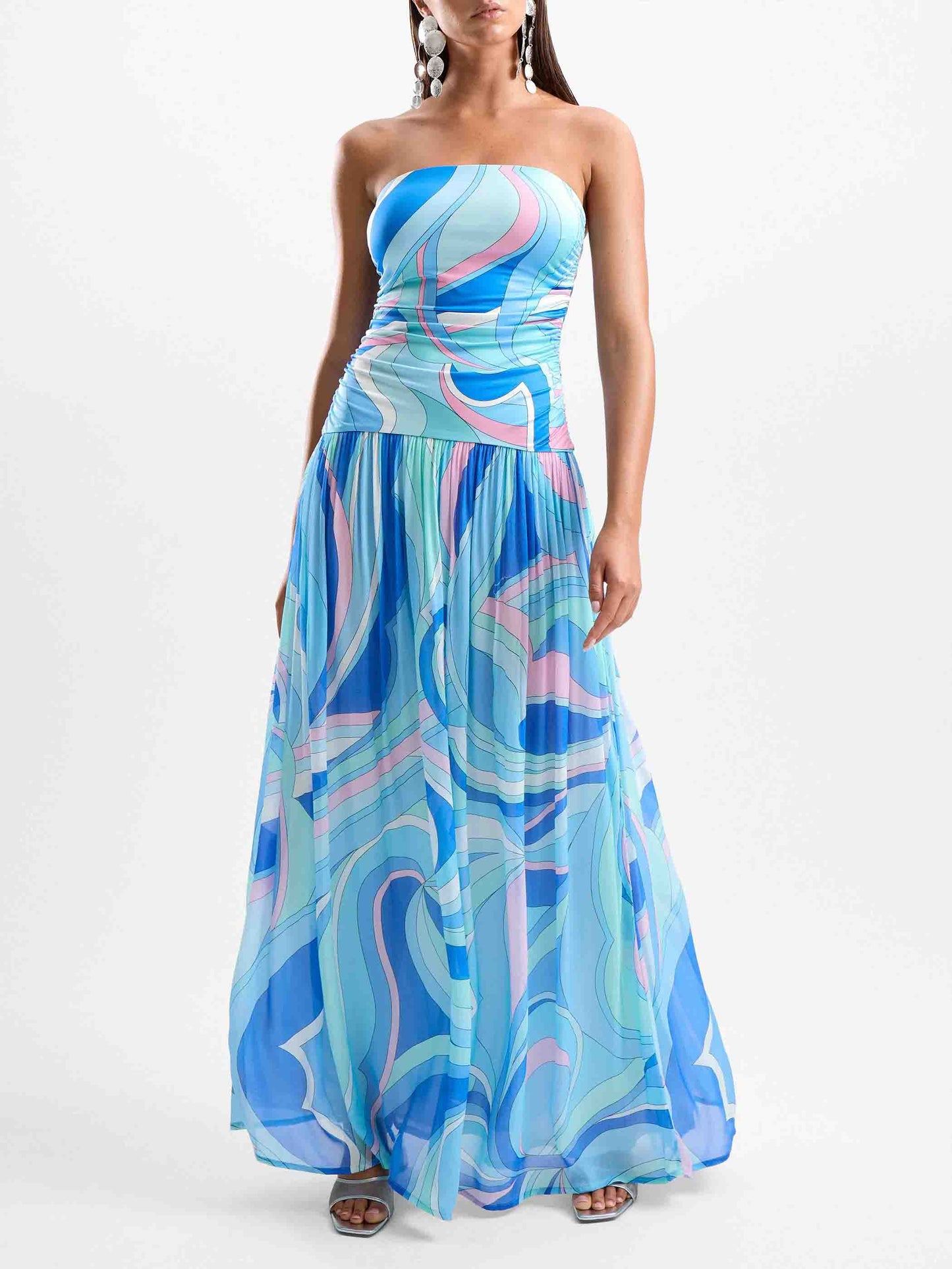 Exquisite Abstract Print Strapless Pleated Maxi Dress Blue