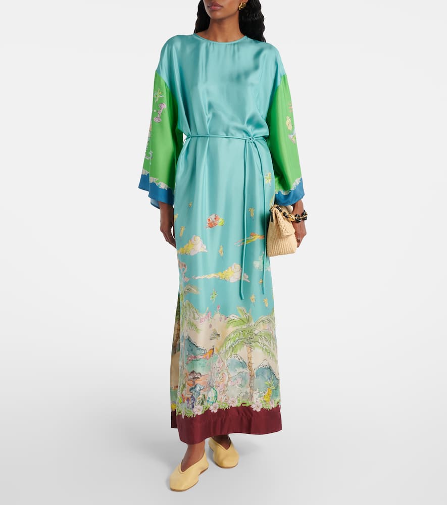 Unique Graphic Print Satin Lace-up Maxi Dress Green